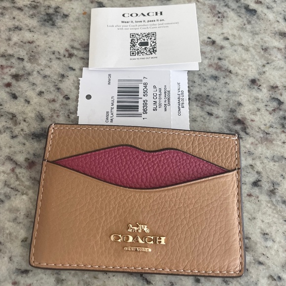 COACH Lip ID Card Tan/Pink Leather Card Case - Picture 2 of 10